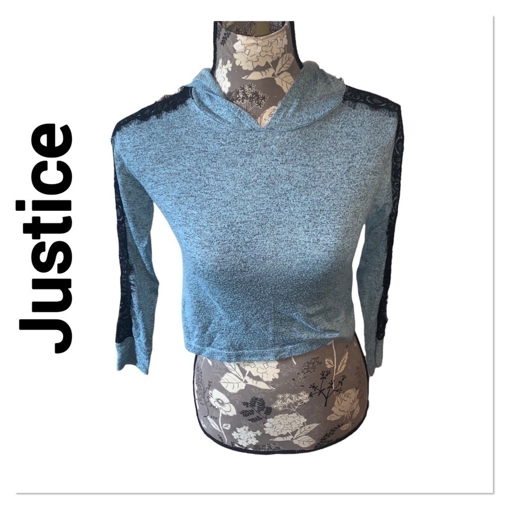 JUSTICE Teal Lace Accent Long Sleeve Hooded soft T-shirt size 8